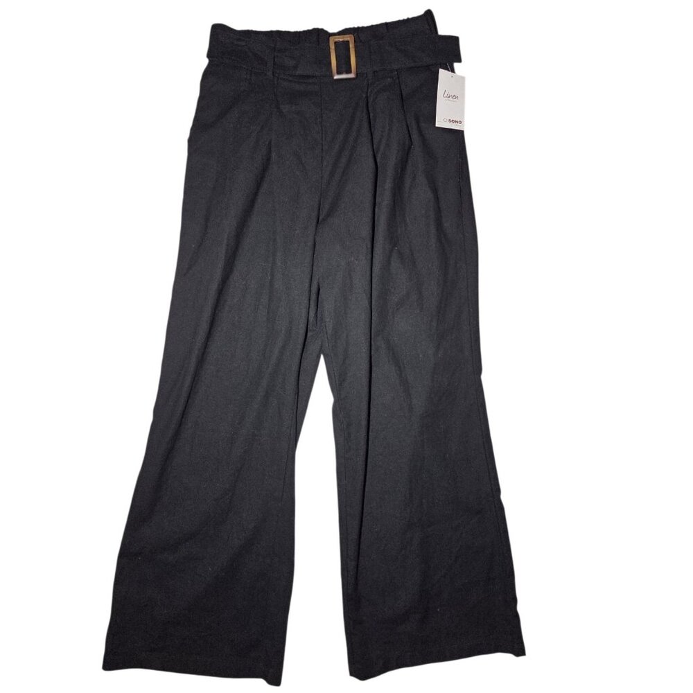 Cisono Black‎ Wide Leg Pleated Linen Black Belted Pull On Pants Elastic Waist L
